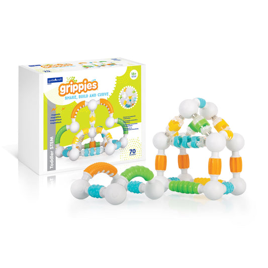 G8324 Grippies Shake, Build and Curve 70 pc. set Product and Packaging White