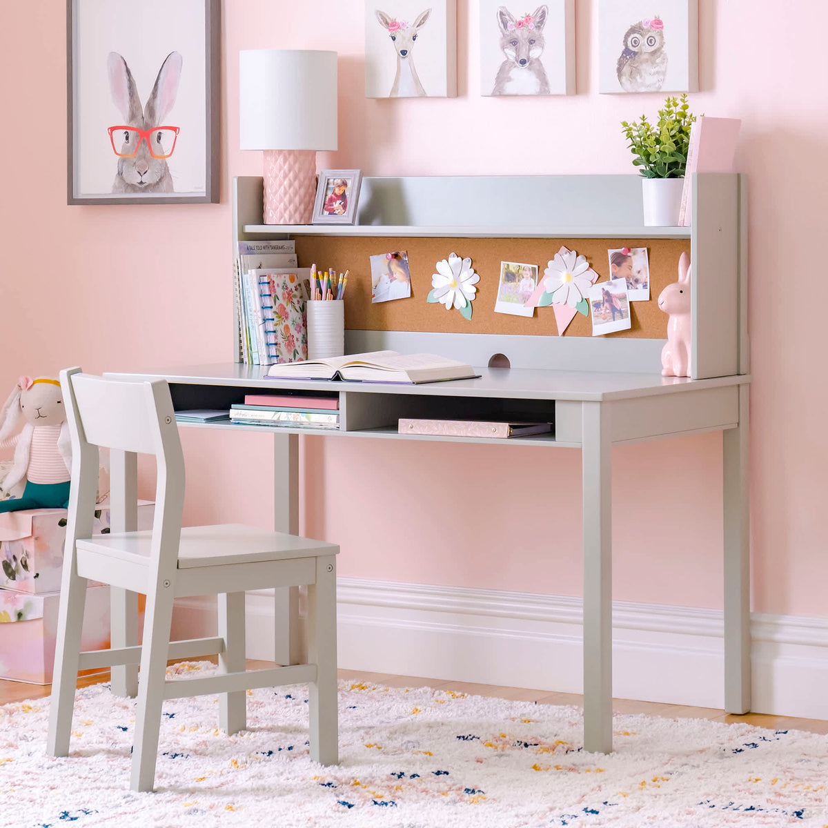 G76908 Martha Stewart Living and Learning Kids' Desk with Hutch and Chair Gray Environment2 | Gray