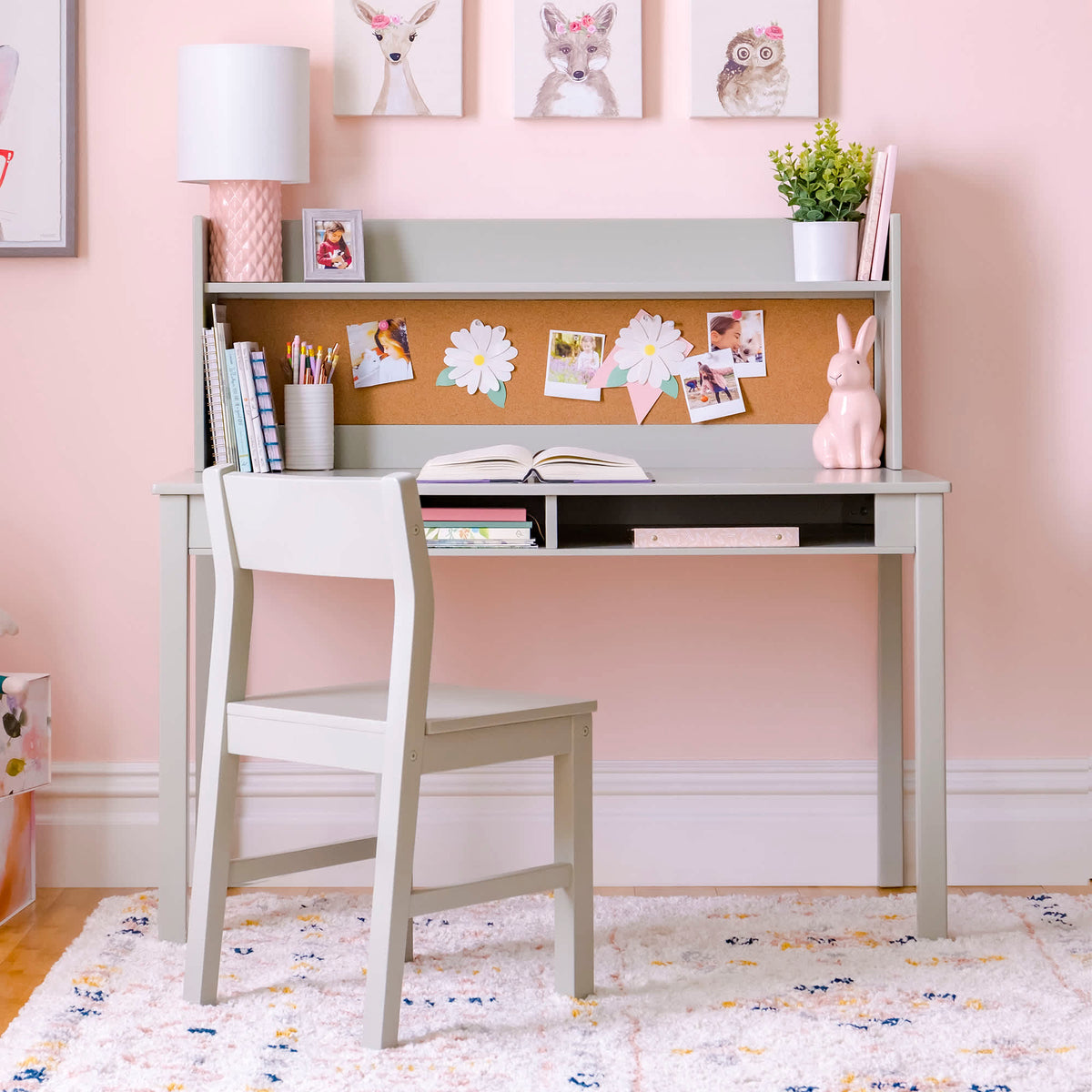 G76908 Martha Stewart Living and Learning Kids' Desk with Hutch and Chair Gray Environment1 | Gray